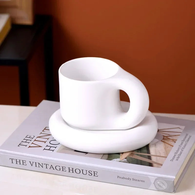 Solid Color Ceramic Mug Dish Set Creative Handle Coffee Mug Home Breakfast Cup Beverage Cup Milk Cup High Beauty Couple Cups