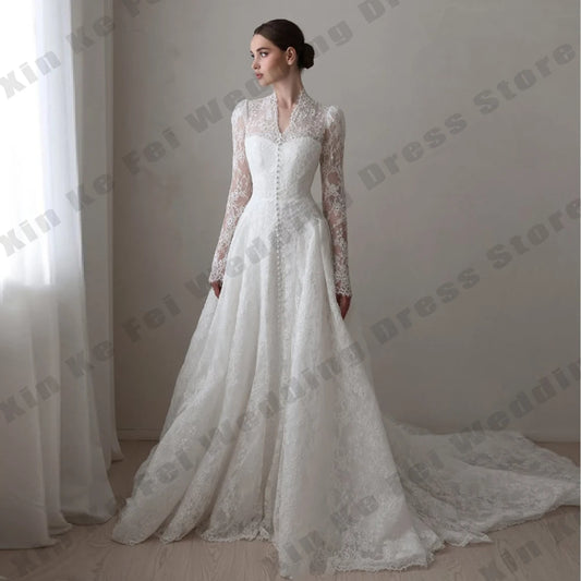 Muslim Women's Bridal Gowns Elegant High Collar Long Sleeve Princess Wedding Dresses Formal Party Bride Dress Robe De