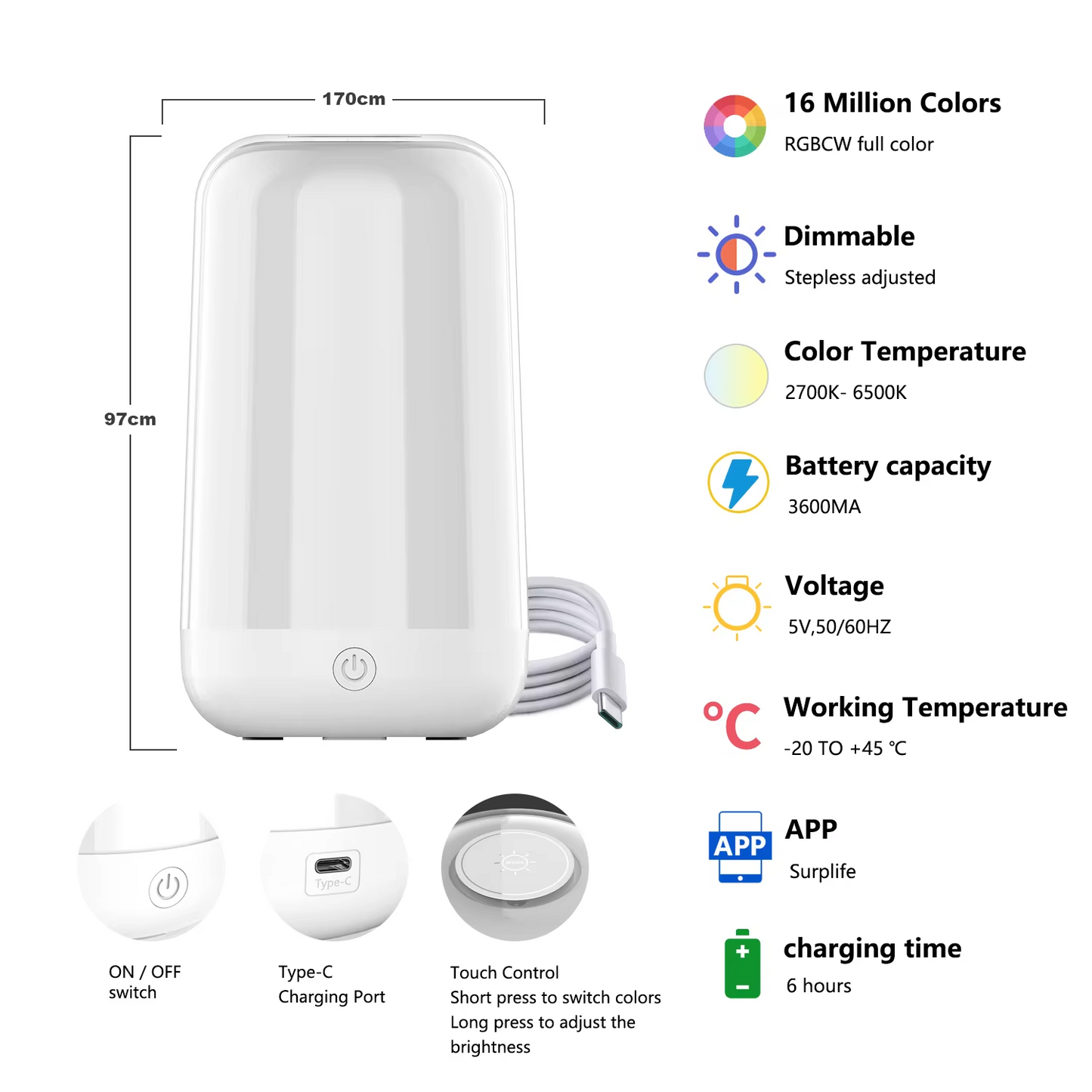 Smart LED Bedsides Lamp Night Light RGB Dimmable Touch Light