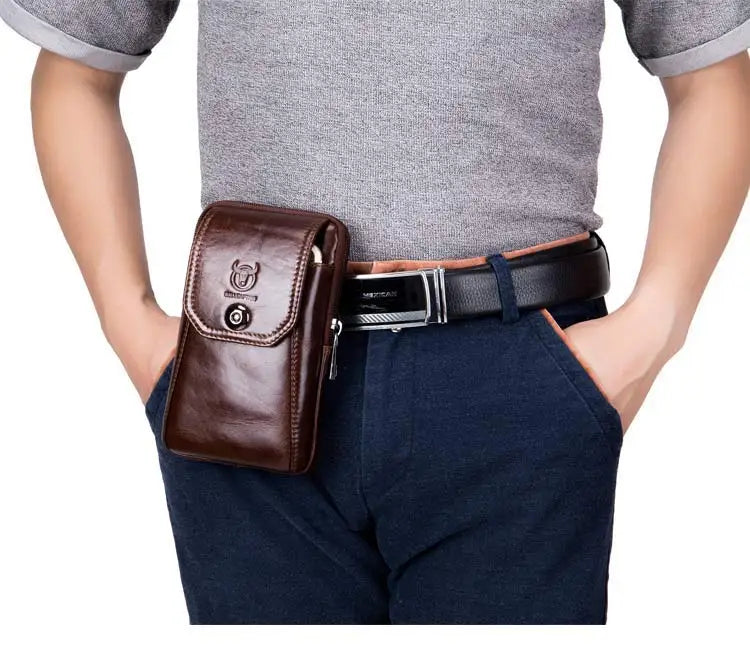 BULLCAPTAIN Genuine Leather Men's Waist Packs Phone Pouch Bags Waist Bag