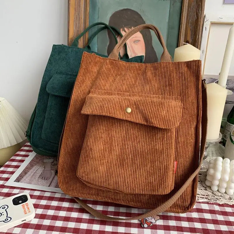 Corduroy Shoulder Bag Women Vintage Shopping Bags Zipper Girls Student