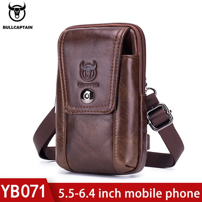 BULLCAPTAIN Genuine Leather Men's Waist Packs Phone Pouch Bags Waist Bag