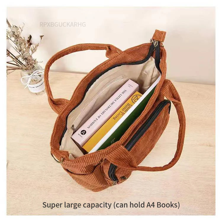 Corduroy Shoulder Bag Women Vintage Shopping Bags Zipper Girls Student