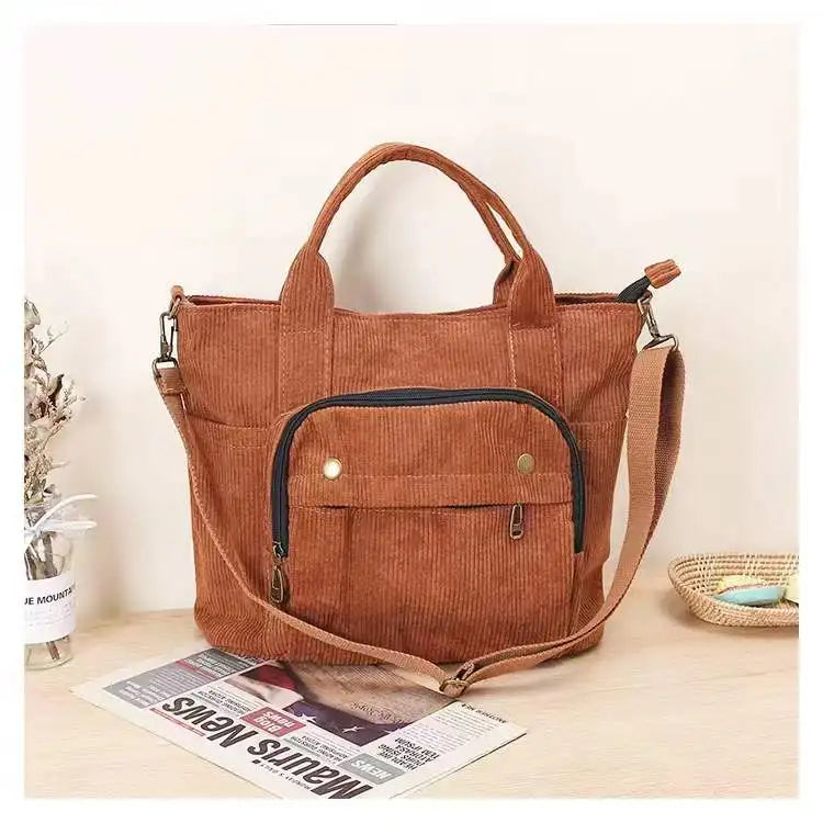Corduroy Shoulder Bag Women Vintage Shopping Bags Zipper Girls Student