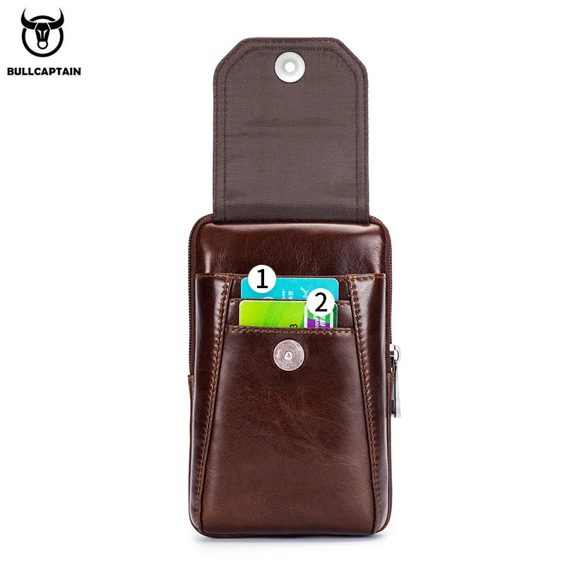 BULLCAPTAIN Genuine Leather Men's Waist Packs Phone Pouch Bags Waist Bag