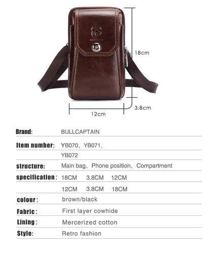 BULLCAPTAIN Genuine Leather Men's Waist Packs Phone Pouch Bags Waist Bag