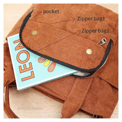 Corduroy Shoulder Bag Women Vintage Shopping Bags Zipper Girls Student