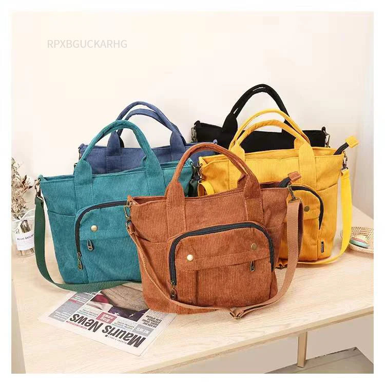 Corduroy Shoulder Bag Women Vintage Shopping Bags Zipper Girls Student