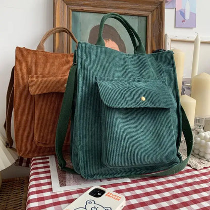 Corduroy Shoulder Bag Women Vintage Shopping Bags Zipper Girls Student