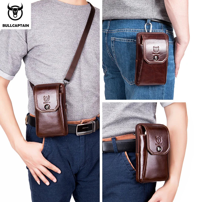 BULLCAPTAIN Genuine Leather Men's Waist Packs Phone Pouch Bags Waist Bag
