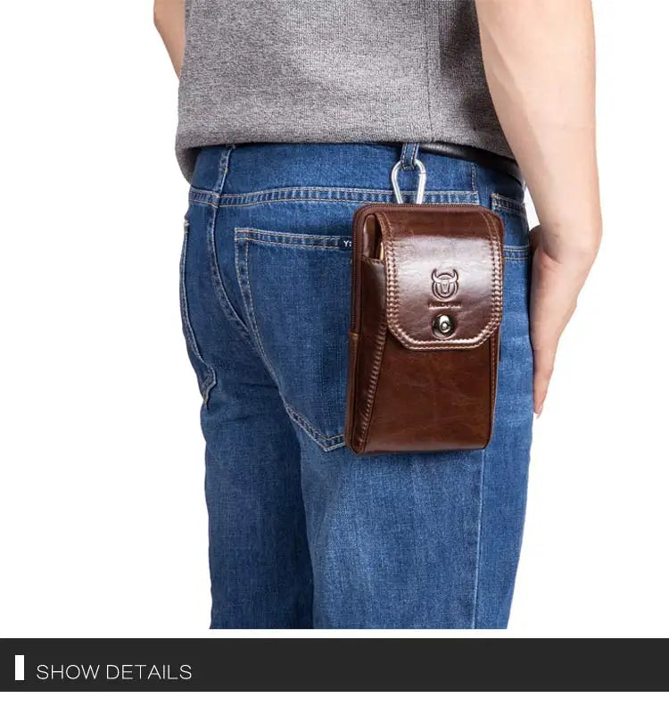 BULLCAPTAIN Genuine Leather Men's Waist Packs Phone Pouch Bags Waist Bag