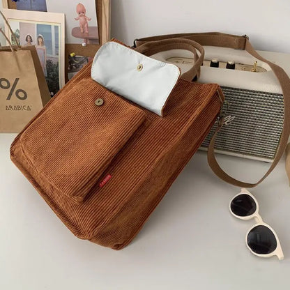 Corduroy Shoulder Bag Women Vintage Shopping Bags Zipper Girls Student