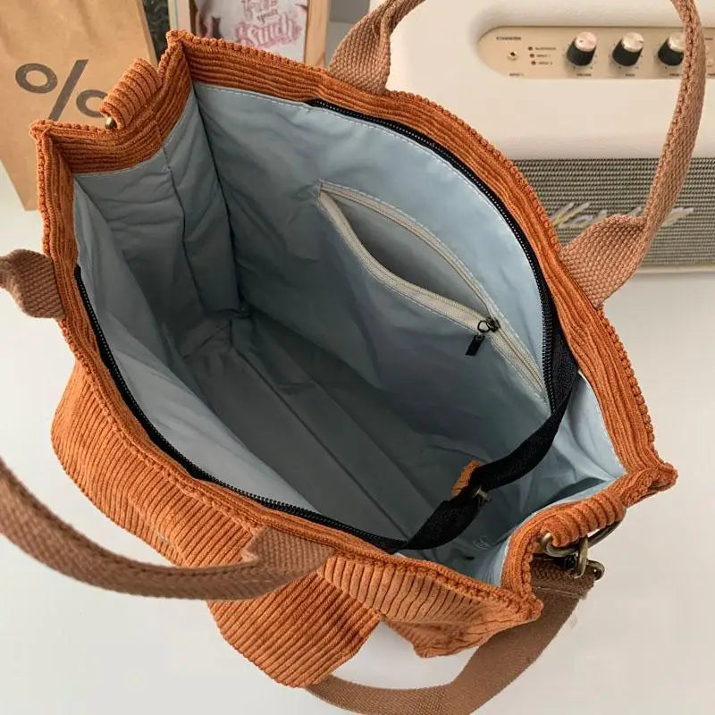 Corduroy Shoulder Bag Women Vintage Shopping Bags Zipper Girls Student