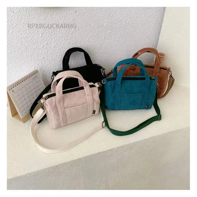 Corduroy Shoulder Bag Women Vintage Shopping Bags Zipper Girls Student