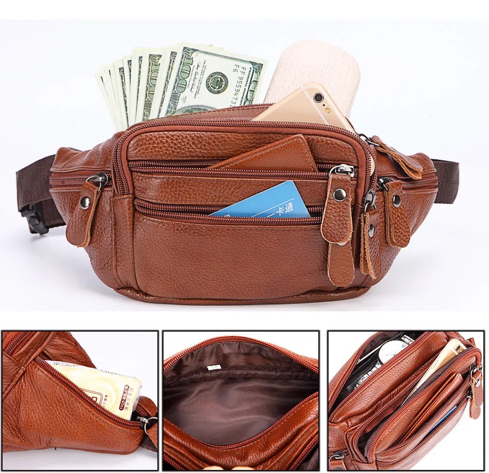 Fashion Men Genuine Leather Fanny Bag for Phone Pouch Male Leather