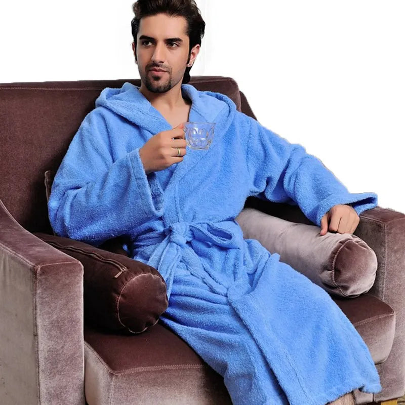 Cotton Hooded Bathrobe Men 100%Long Terry Towel Big and Tall Towel