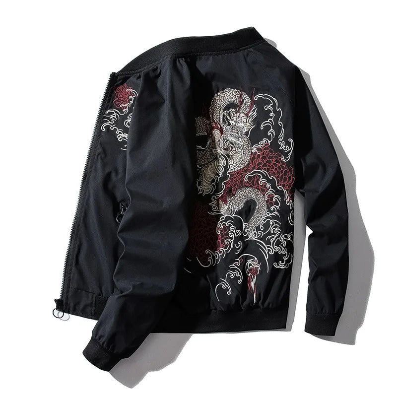 Bomber Jacket Men Chinese Dragon Embroidery Pilot Jacket Retro Punk Hip