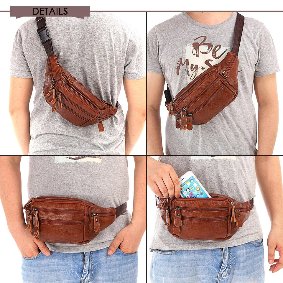 Fashion Men Genuine Leather Fanny Bag for Phone Pouch Male Leather