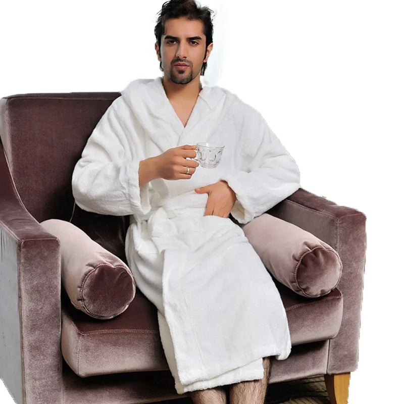 Cotton Hooded Bathrobe Men 100%Long Terry Towel Big and Tall Towel