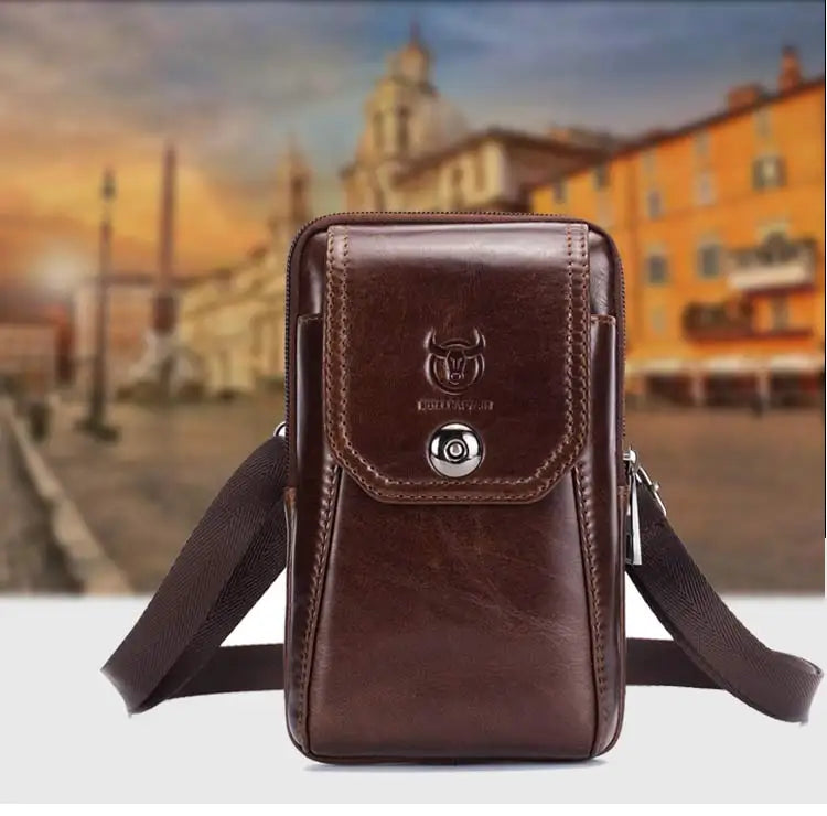 BULLCAPTAIN Genuine Leather Men's Waist Packs Phone Pouch Bags Waist Bag