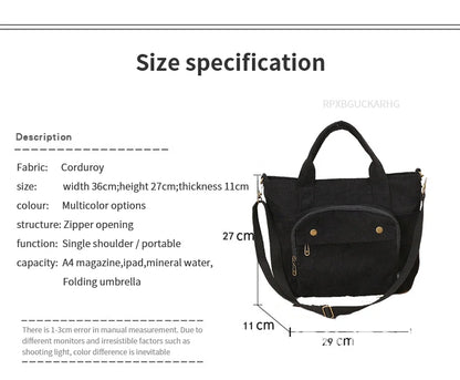 Corduroy Shoulder Bag Women Vintage Shopping Bags Zipper Girls Student