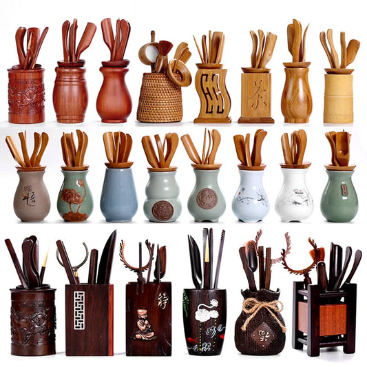 Kungfu Tea Set Accessories, Tea Ceremony, Six Gentlemen Whole Set, Black Sandalwood, Solid Wood Tea Clip, Bamboo Tweezers