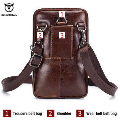 BULLCAPTAIN Genuine Leather Men's Waist Packs Phone Pouch Bags Waist Bag