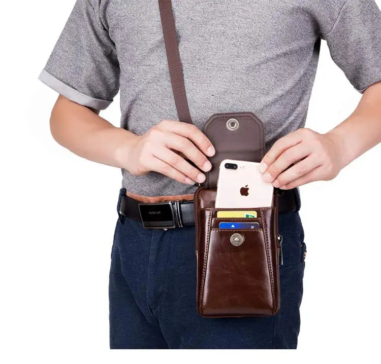 BULLCAPTAIN Genuine Leather Men's Waist Packs Phone Pouch Bags Waist Bag