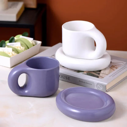 Solid Color Ceramic Mug Dish Set Creative Handle Coffee Mug Home Breakfast Cup Beverage Cup Milk Cup High Beauty Couple Cups