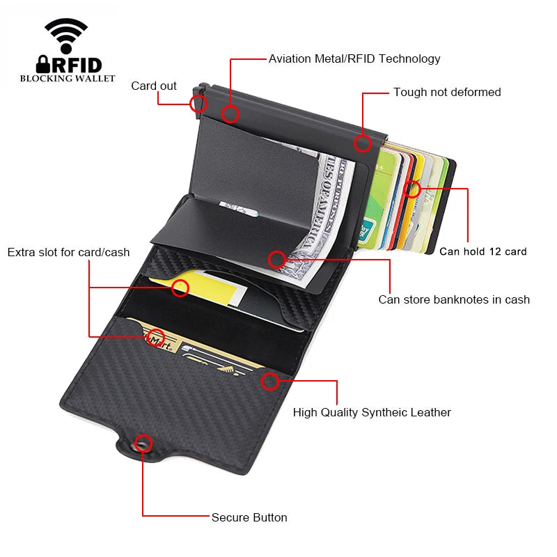 Rfid Blocking Protection Men id Credit Card Holder Wallet Leather Metal