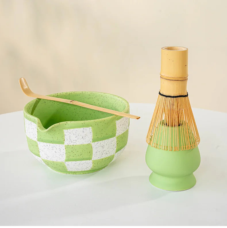 Ceramic Matcha Bowl Checkered Pattern Large Capacity High Temperature Resistant Green Tea Maker Cup Tea Ceremony Tool