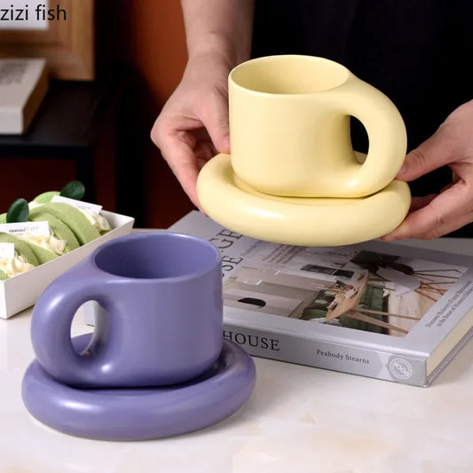 Solid Color Ceramic Mug Dish Set Creative Handle Coffee Mug Home Breakfast Cup Beverage Cup Milk Cup High Beauty Couple Cups