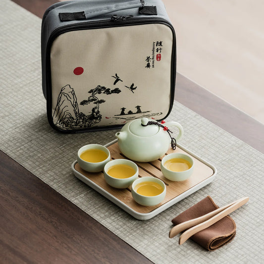 1Set, Chinese Tea Travel Tea Set Kung Fu Tea Set Ceramic Portable Teapot Teaset Gaiwan Tea Cups of Tea Ceremony Tea Tool