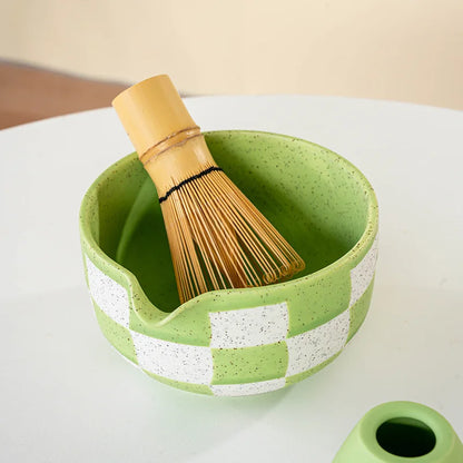 Ceramic Matcha Bowl Checkered Pattern Large Capacity High Temperature Resistant Green Tea Maker Cup Tea Ceremony Tool