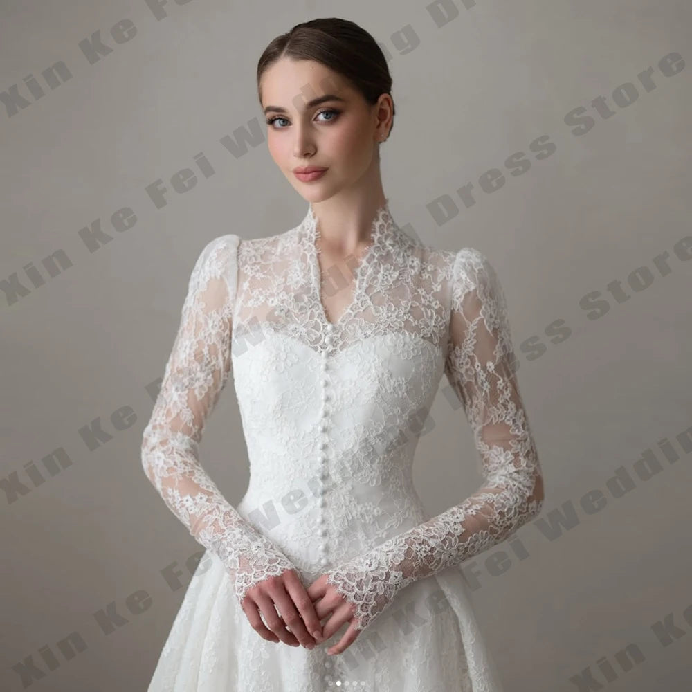 Muslim Women's Bridal Gowns Elegant High Collar Long Sleeve Princess