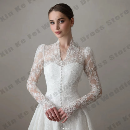 Muslim Women's Bridal Gowns Elegant High Collar Long Sleeve Princess