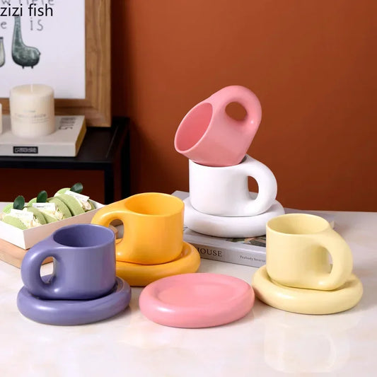 Solid Color Ceramic Mug Dish Set Creative Handle Coffee Mug Home Breakfast Cup Beverage Cup Milk Cup High Beauty Couple Cups