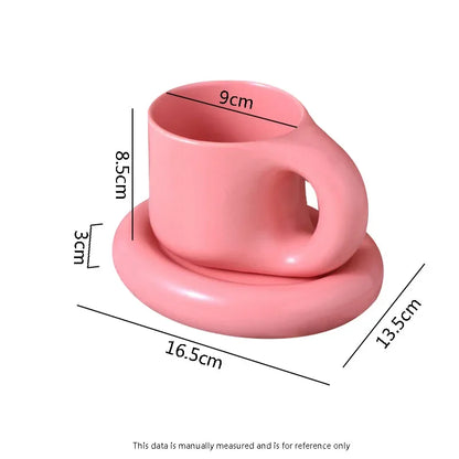 Solid Color Ceramic Mug Dish Set Creative Handle Coffee Mug Home Breakfast Cup Beverage Cup Milk Cup High Beauty Couple Cups