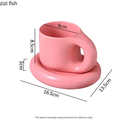 Solid Color Ceramic Mug Dish Set Creative Handle Coffee Mug Home Breakfast Cup Beverage Cup Milk Cup High Beauty Couple Cups