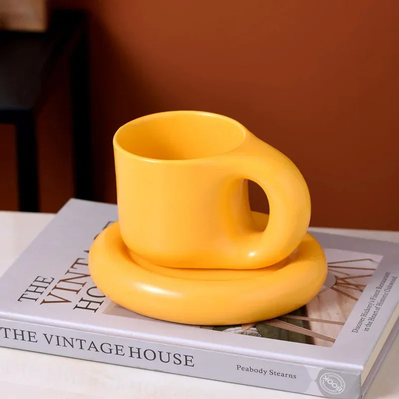 Solid Color Ceramic Mug Dish Set Creative Handle Coffee Mug Home Breakfast Cup Beverage Cup Milk Cup High Beauty Couple Cups