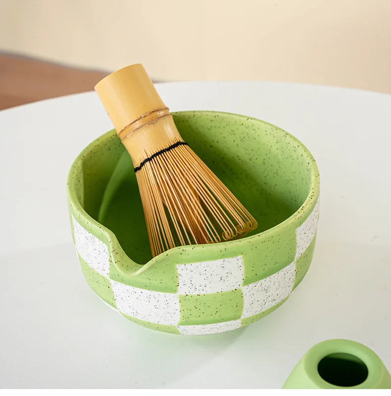 Ceramic Matcha Bowl Checkered Pattern Large Capacity High Temperature Resistant Green Tea Maker Cup Tea Ceremony Tool