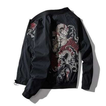 Bomber Jacket Men Chinese Dragon Embroidery Pilot Jacket Retro Punk Hip