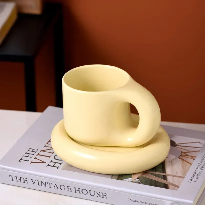 Solid Color Ceramic Mug Dish Set Creative Handle Coffee Mug Home Breakfast Cup Beverage Cup Milk Cup High Beauty Couple Cups
