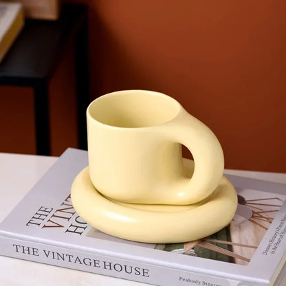Solid Color Ceramic Mug Dish Set Creative Handle Coffee Mug Home Breakfast Cup Beverage Cup Milk Cup High Beauty Couple Cups