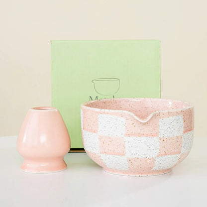 Ceramic Matcha Bowl Checkered Pattern Large Capacity High Temperature Resistant Green Tea Maker Cup Tea Ceremony Tool