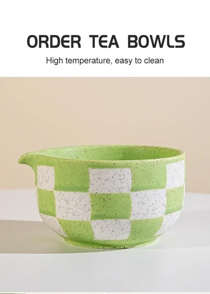 Ceramic Matcha Bowl Checkered Pattern Large Capacity High Temperature Resistant Green Tea Maker Cup Tea Ceremony Tool