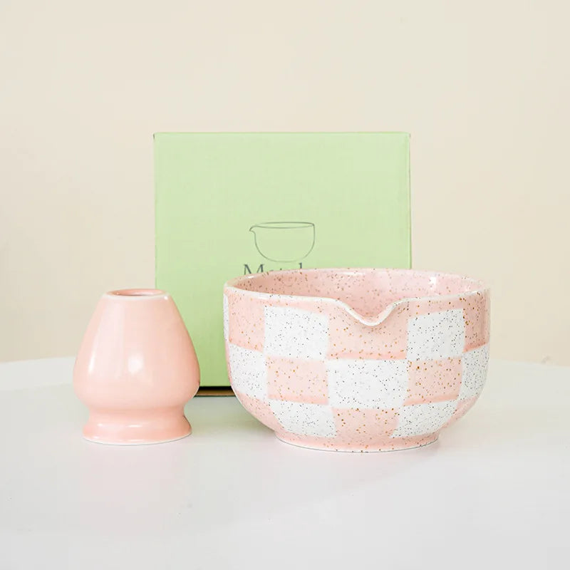 Ceramic Matcha Bowl Checkered Pattern Large Capacity High Temperature Resistant Green Tea Maker Cup Tea Ceremony Tool