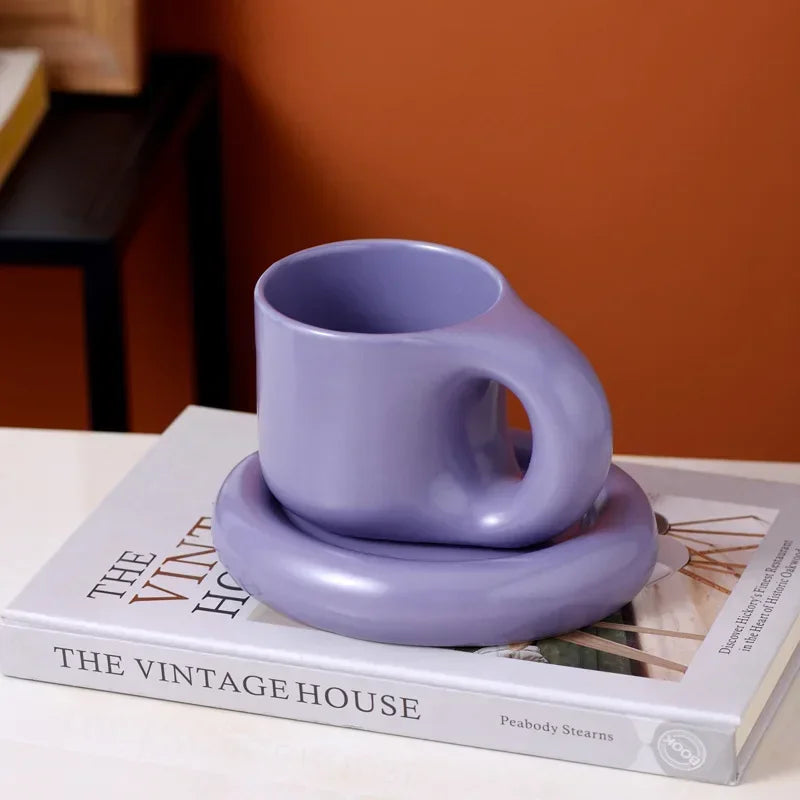 Solid Color Ceramic Mug Dish Set Creative Handle Coffee Mug Home Breakfast Cup Beverage Cup Milk Cup High Beauty Couple Cups