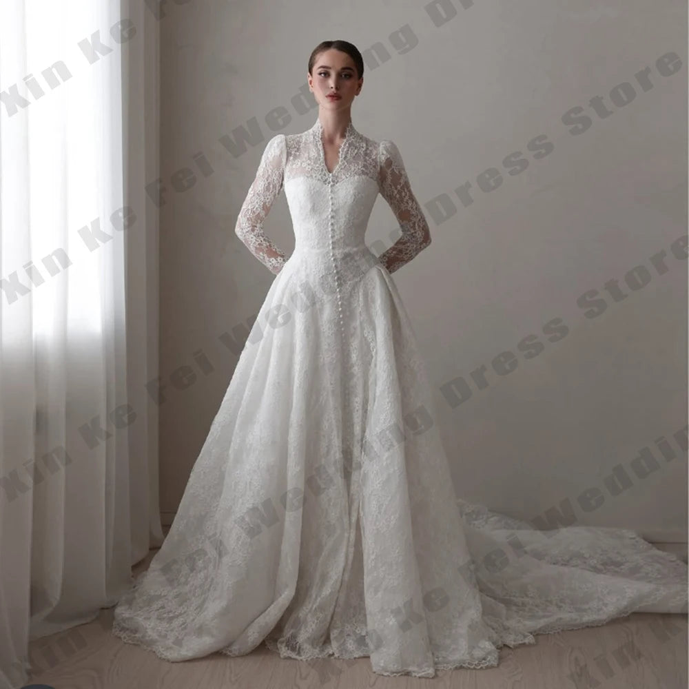 Muslim Women's Bridal Gowns Elegant High Collar Long Sleeve Princess