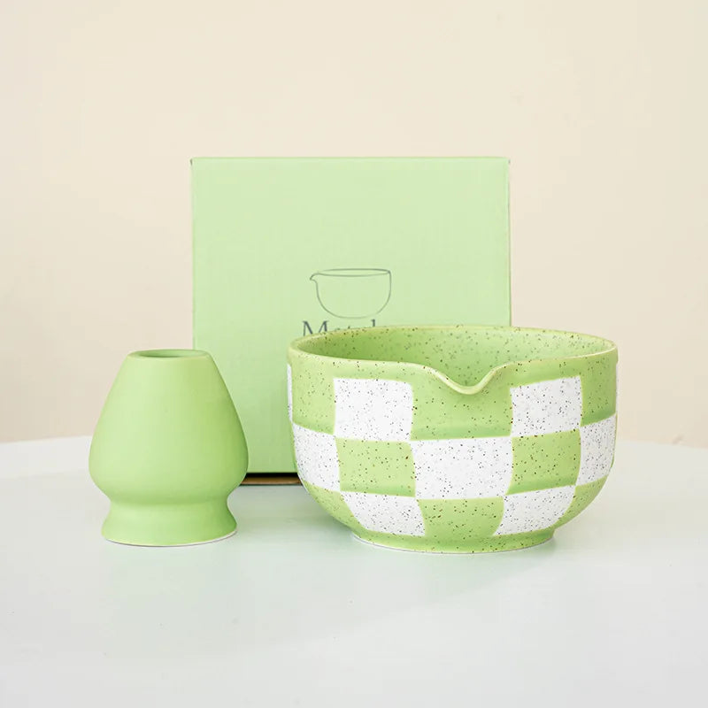 Ceramic Matcha Bowl Checkered Pattern Large Capacity High Temperature Resistant Green Tea Maker Cup Tea Ceremony Tool